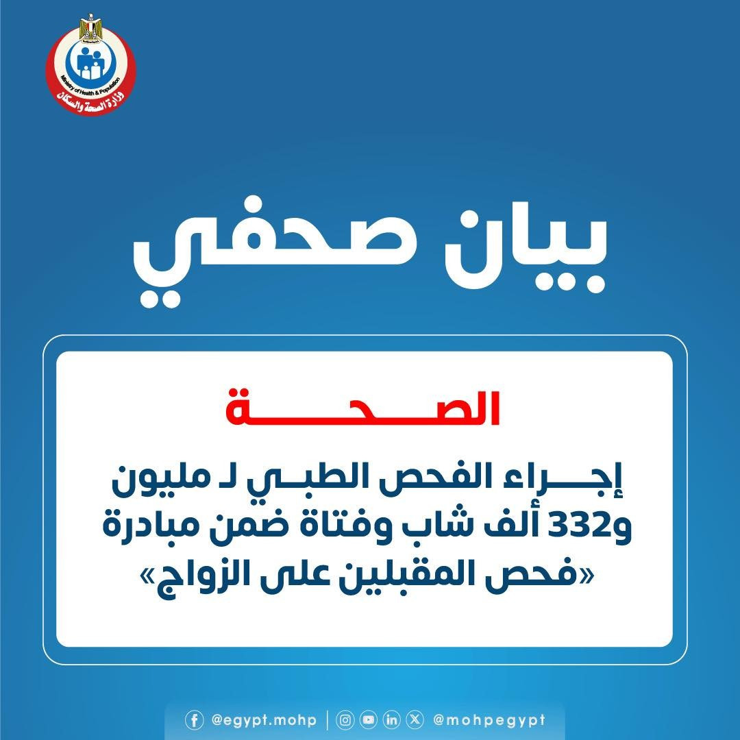 الصحة: إجراء الفحص الطبي لـ مليون و332 ألف شاب وفتاة ضمن مبادرة «فحص المقبلين على الزواج»