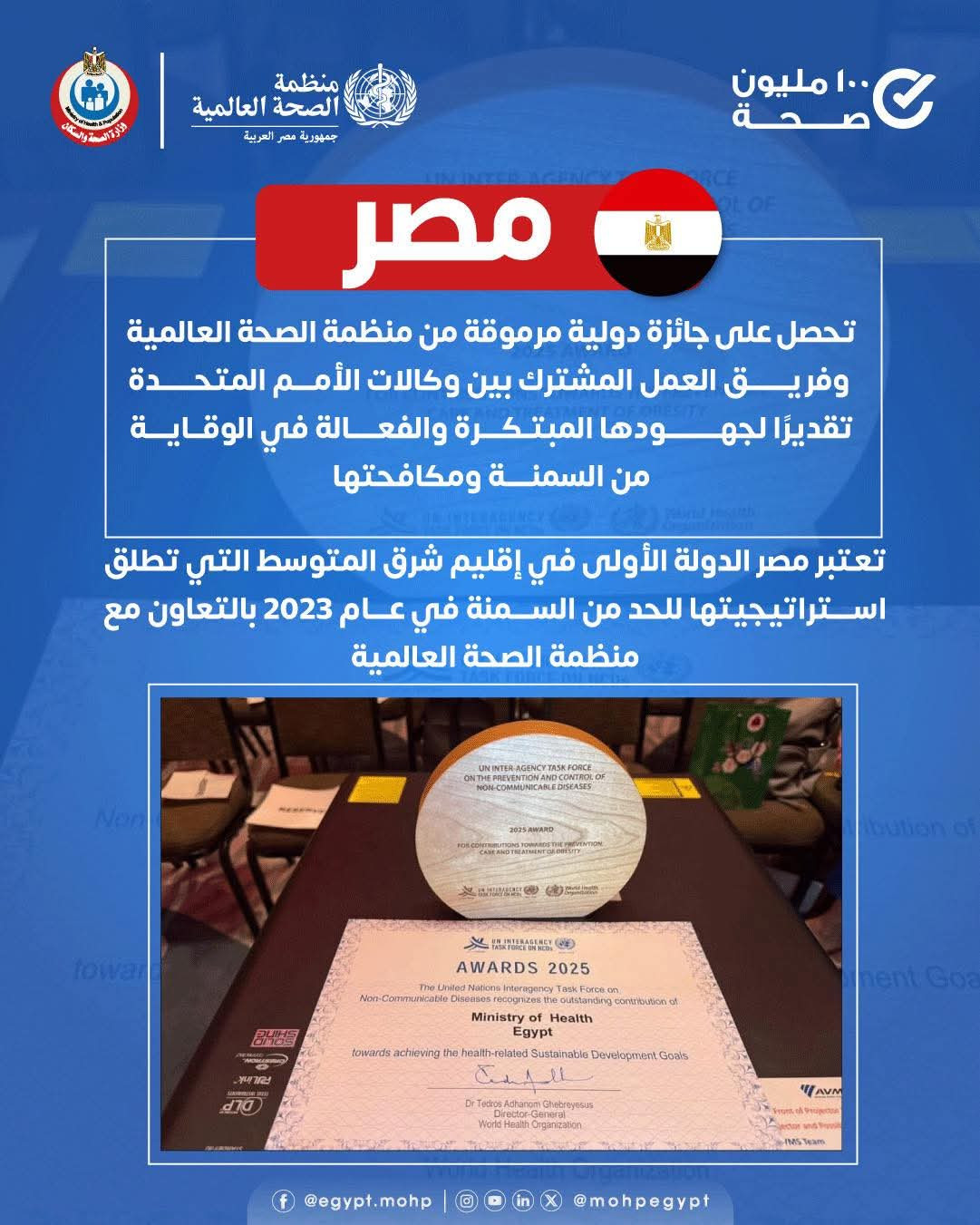 مصر  تحصل على جائزة دولية مرموقة من منظمة الصحة العالمية وفريق العمل المشترك بين وكالات الأمم المتحدة تقديرًا لجهودها المبتكرة والفعالة في الوقاية من السمنة ومكافحتها 🇪🇬